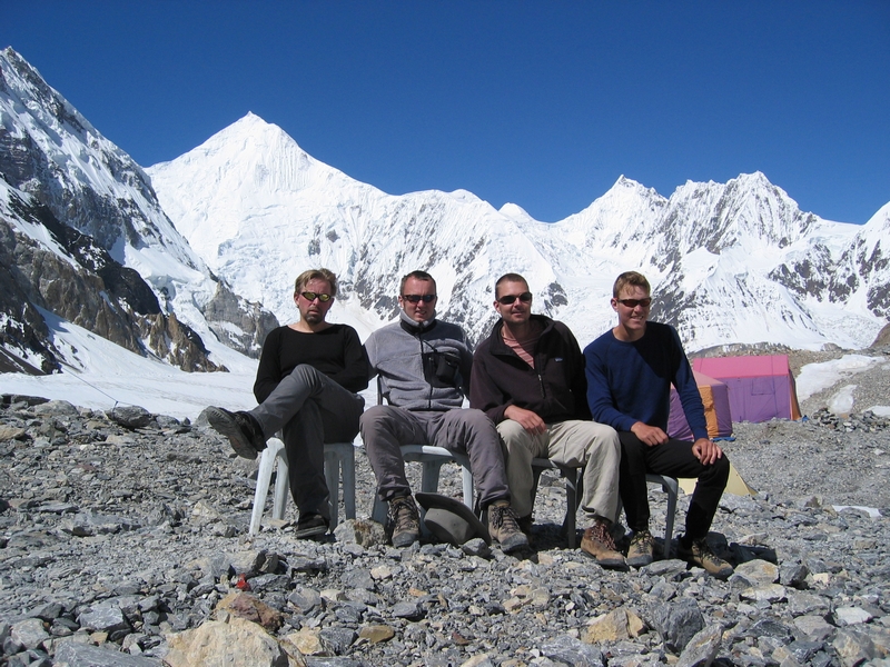 The Danish GII Team in Base Camp: From the left, Philip Ulrich, Keld Laursen, Carsten Engedal & Hans Linde Nielsen