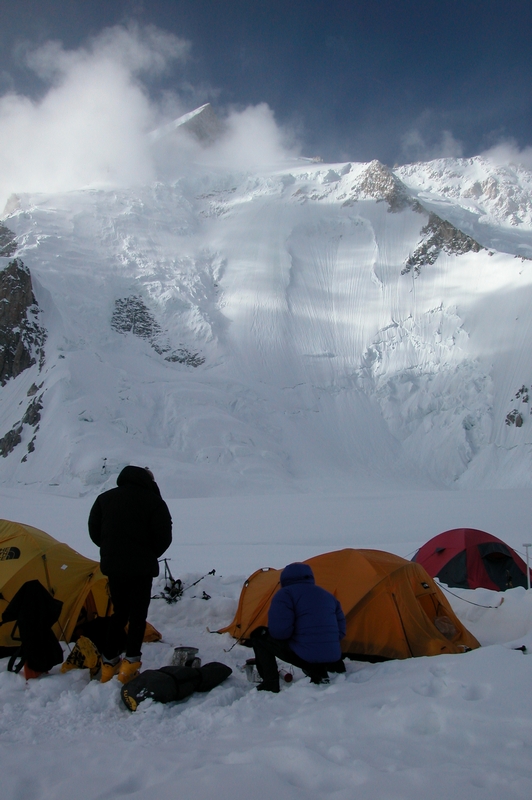 Hans & Keld in Camp 1 -- GII (8035m) in the clouds behind