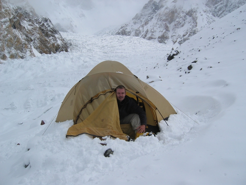 Carsten in his tent in BC -- after new snow fall